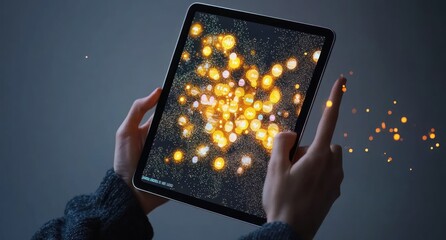 Aufkleber - A person interacting with a tablet displaying vibrant, glowing particles in a dark setting.