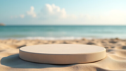 Aufkleber - Sandstone product display platform features a podium stand and presentation on a sandy beach background with selective focus._00001_
