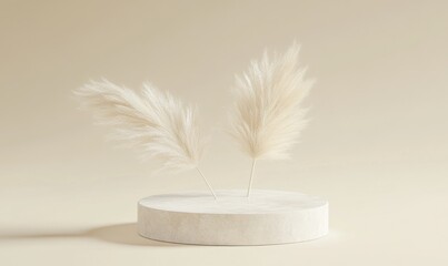 Poster - Two soft, white pampas grass stems arranged on a minimalist circular base against a neutral background.