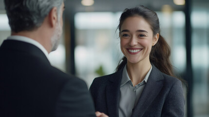 Poster - Businesswoman shaking hands with a businessman and smiling, making a deal in a corporate office