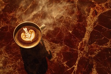 Poster - A cup of coffee with latte art on a polished marble surface.