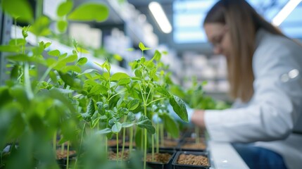 Poster - agricultural scientist examining small plants growing in pots inside a controlled laboratory environ