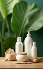 Aufkleber - Product display features a wooden counter with summer items arranged atop it against a blurred tropical leaf green backdrop._00002_