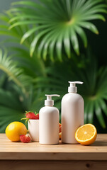 Aufkleber - Product display features a wooden counter with summer items arranged atop it against a blurred tropical leaf green backdrop._00001_