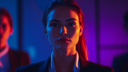 Poster - Confident female professional posing in a modern and stylish office environment under dramatic lighting