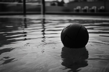 Poster - A black ball floats on the surface of a pool, creating ripples in the water.