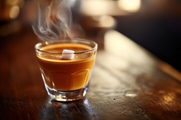 Poster - A steaming glass of coffee with a sugar cube, resting on a wooden table.