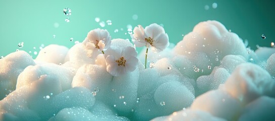 Poster - A serene composition of soft foam and delicate flowers, evoking tranquility and beauty.