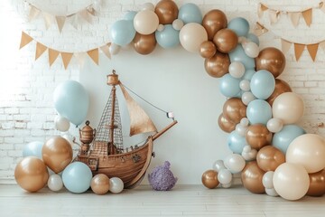 Poster - A festive backdrop featuring a wooden ship and colorful balloons for a celebration.