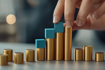 Poster - A hand adjusts colorful blocks on a gold bar graph, symbolizing data analysis or growth.