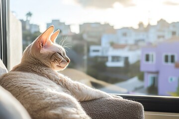 Poster - A relaxed cat lounging by a window, enjoying the view of a neighborhood at sunset.