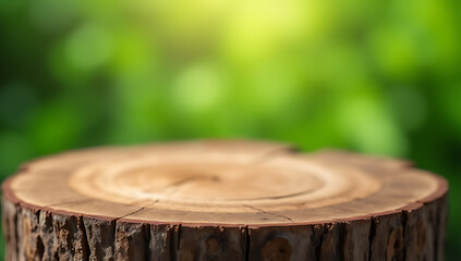Poster - Old tree stump tabletop with blurred green garden background perfect for creating product displays or design key visuals._00003_
