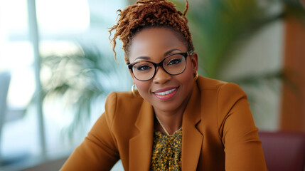 Poster - confident and successful black businesswoman exuding professionalism and elegance, smiling warmly at