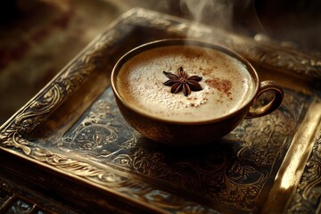 Poster - A steaming cup of coffee garnished with a star anise, presented on an ornate tray.