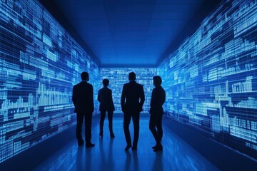 Aufkleber - Silhouetted figures in a futuristic data room with digital displays.