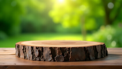 Poster - Old tree stump tabletop with blurred green garden background perfect for creating product displays or design key visuals._00001_