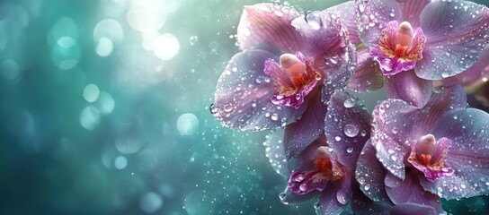 Poster - Vibrant orchids adorned with water droplets against a soft, blurred background.