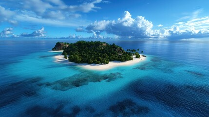 a beautiful island with a blue ocean in the background
