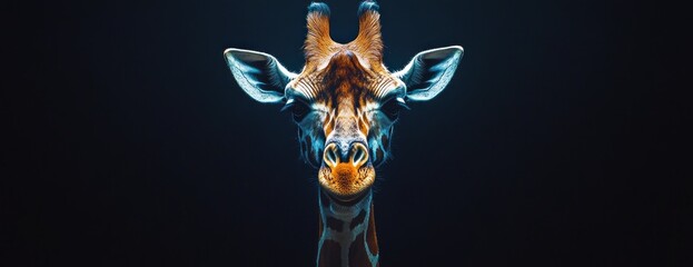 Aufkleber - A close-up of a giraffe's face against a dark background, showcasing its unique features.