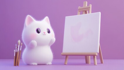 Poster - A cute, fluffy cat stands next to a blank canvas, ready to paint.