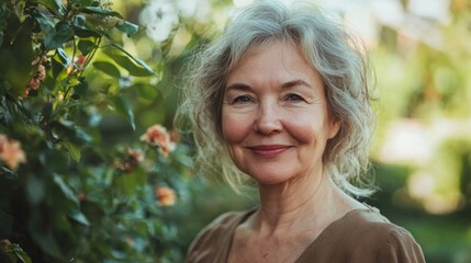 Aufkleber - A close-up of a smiling mature woman stands amidst vibrant garden greenery. Her joyful expression radiates warmth, and the sunlight highlights her silver hair beautifully