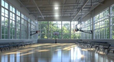 Wall Mural - A spacious indoor basketball court with natural light and benches for spectators.