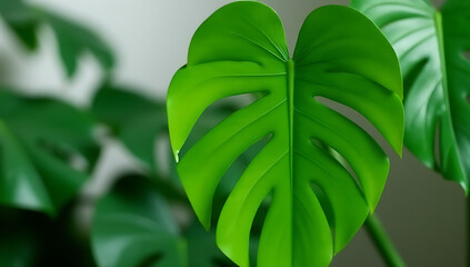 Poster - Monstera leaves with selective focus add a pop of color to interior decorating compositions and backgrounds._00002_