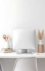 Aufkleber - Minimalist office setup featuring a modern desk with simple equipment and decorative items placed neatly on a white table background._00003_