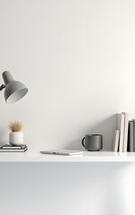 Aufkleber - Minimalist office setup featuring a modern desk with simple equipment and decorative items placed neatly on a white table background._00001_