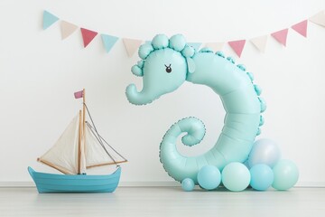 Poster - A playful scene featuring a balloon seahorse and a sailboat, perfect for a children's party.