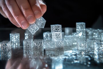 Aufkleber - A hand arranging transparent ice-like cubes on a reflective surface, showcasing intricate designs.
