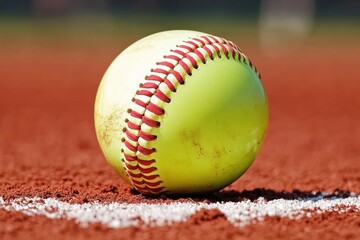 Aufkleber - A close-up of a yellow softball resting on a red clay field.