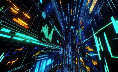 Aufkleber - A futuristic digital landscape with vibrant data streams and graphical elements.