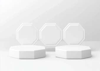 Aufkleber - Three white octagonal seating pieces arranged in a minimalist setting.