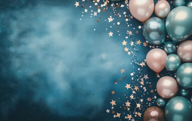 Poster - Colorful balloons and stars on a textured blue background, perfect for celebrations.