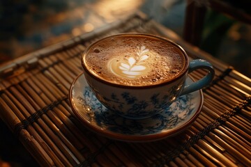 Poster - A beautifully crafted latte with leaf art in a decorative cup on a woven surface.