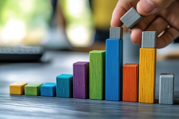 Poster - A hand places a block on a colorful bar graph, symbolizing growth and progress.