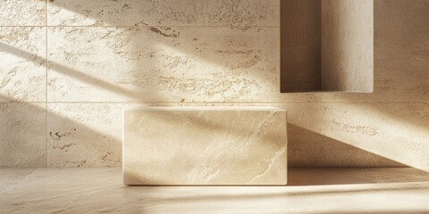 Leinwandbilder - A minimalist interior scene featuring a stone block and textured walls illuminated by sunlight.