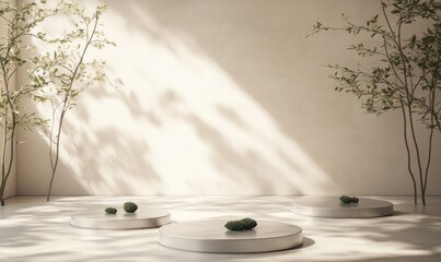 Poster - Minimalist interior scene with circular platforms and greenery casting soft shadows.