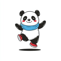 Leinwandbilder - A cheerful cartoon panda wearing a blue scarf and red shoes, joyfully dancing.