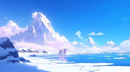 Wall Mural - polar bear standing on icy water, snowy mountains background.