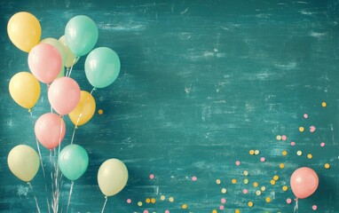 Poster - Colorful balloons against a teal background, ideal for celebrations or events.