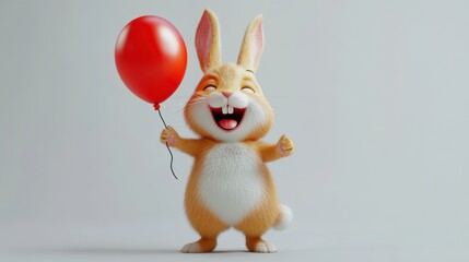 Poster - A cheerful cartoon rabbit holding a red balloon, exuding joy and playfulness.