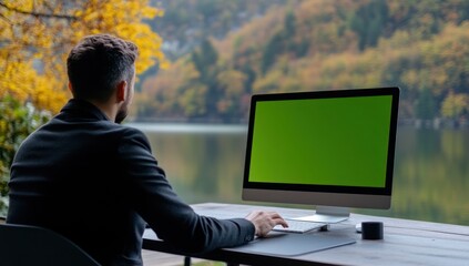 Poster - A man working at a desk by a lake with a computer displaying a green screen.