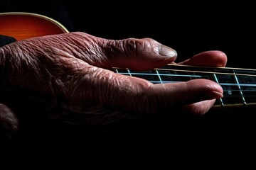 Poster - A close-up of an aged hand playing a stringed instrument, highlighting musical expression.