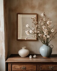 Poster - A serene arrangement featuring a vase of flowers and decorative pottery on a wooden table.