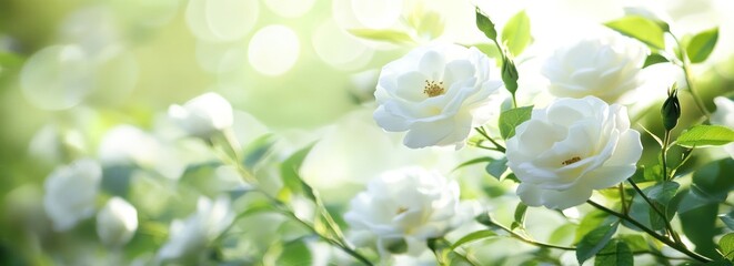 Aufkleber - A serene arrangement of white roses amidst soft green foliage and gentle light.