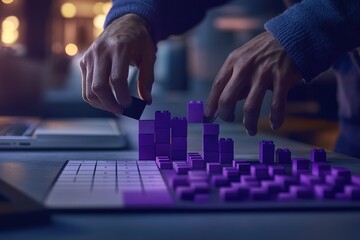 Aufkleber - Hands assembling purple blocks on a table with a laptop nearby, suggesting creativity or design.