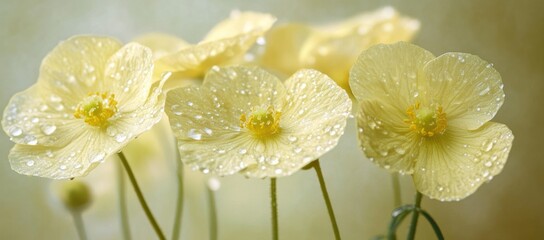 Poster - Delicate yellow flowers glistening with water droplets, showcasing nature's beauty.