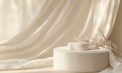 Aufkleber - Soft fabric drapes over minimalistic round forms, accented by dried plants for a serene aesthetic.